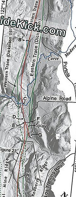 Vereenvoudigde kaart van de San Andreas Fault-streek die Portola-Vallei in Californië kruist. De nieuw toegewezen foutstreng is rood.