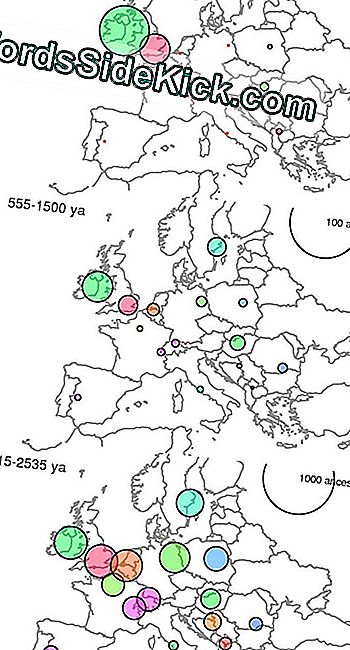 Birleşik Krallık'taki modern günlerin uzak kuzenlerinin yaşadığı yerleri, üç farklı ilişki seviyesinde (en üstte, en altta daha yaşlı) gösteren haritalar. Daha büyük daireler daha fazla atalar anlamına gelir ve sayılar ortalama paylaşılan genetik ataları verir.