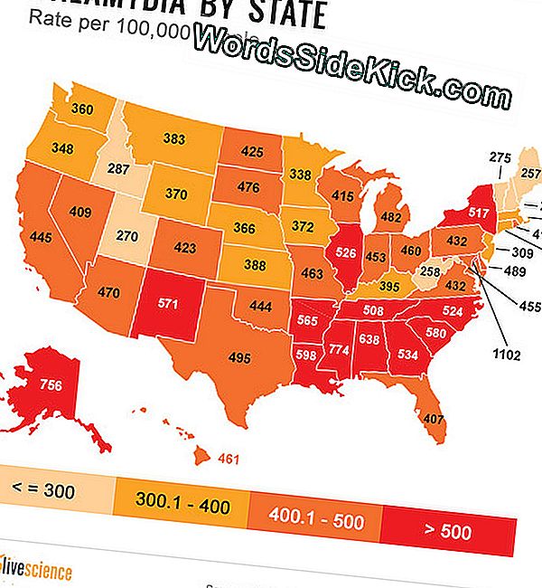 Tasas de infección por clamidia en 50 estados en 2012.