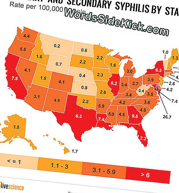 Tasas de infección por sífilis en 50 estados en 2012.