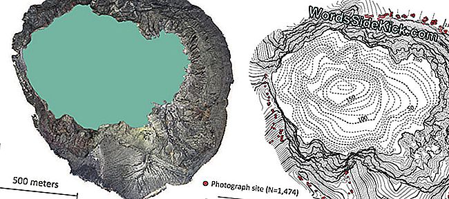 Een topografische en bathymetrische kaart met hoge resolutie van Ijen Crater Lake. De gele zwavelkoepel is zichtbaar in de rechterbenedenhoek van kaart a. Oorspronkelijke bron van figuur is