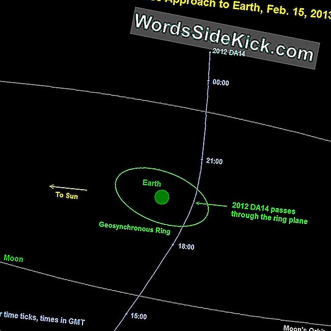 En esta vista oblicua, el camino del asteroide cerca de la Tierra 2012 DA14 se ve pasar cerca de la Tierra el 15 de febrero de 2013.