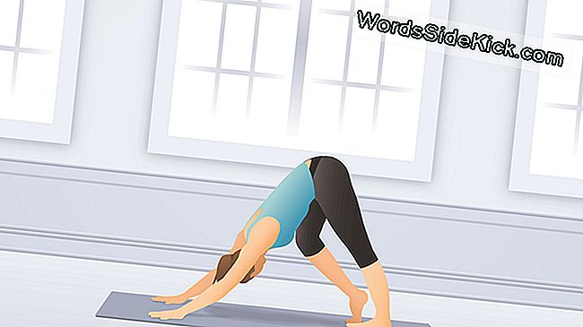 In der Pocket Yoga-App zeigt ein Cartoon-Lehrer Positionen vor dem Hintergrund eines Heims, Büros oder Studios.